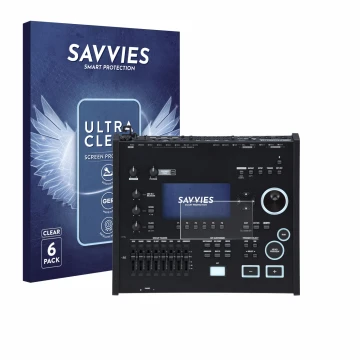 Vorderseite einer Produktverpackung mit dem Markenlogo Savvies. Daneben ist das Gerät Roland V71 mit dem zugehörigen Displaysc