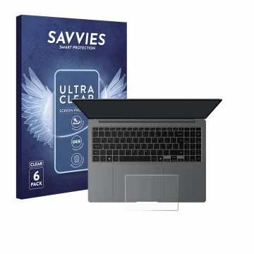 Vorderseite einer Produktverpackung mit dem Markenlogo Savvies. Daneben ist das Gerät Samsung Galaxy Book5 Pro 16