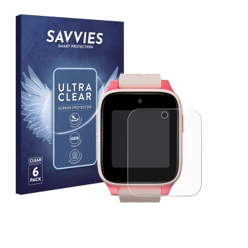 Vorderseite einer Produktverpackung mit dem Markenlogo Savvies. Daneben ist das Gerät TCL Movetime Kids Watch MT46 mit dem zug