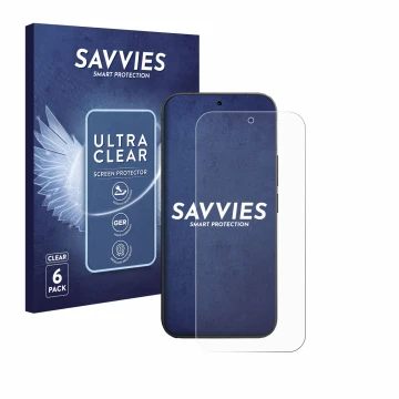 Vorderseite einer Produktverpackung mit dem Markenlogo Savvies. Daneben ist das Gerät Vivo V70 mit dem zugehörigen Displayschu