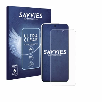 Vorderseite einer Produktverpackung mit dem Markenlogo Savvies. Daneben ist das Gerät Oppo A6s Pro mit dem zugehörigen Display