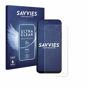 Vorderseite einer Produktverpackung mit dem Markenlogo Savvies. Daneben ist das Gerät Oppo A6x 4G mit dem zugehörigen Displays