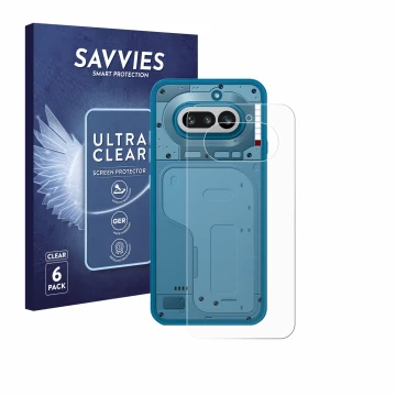 Vorderseite einer Produktverpackung mit dem Markenlogo Savvies. Daneben ist das Gerät Nothing Phone (4a) (Rückseite) mit dem z