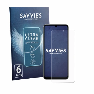 Vorderseite einer Produktverpackung mit dem Markenlogo Savvies. Daneben ist das Gerät Vivo Y11 2026 mit dem zugehörigen Displa