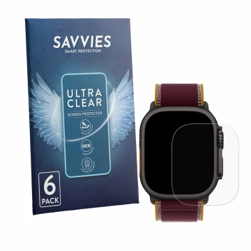 Vorderseite einer Produktverpackung mit dem Markenlogo Savvies. Daneben ist das Gerät Apple Watch Ultra 4 (49 mm) mit dem zuge