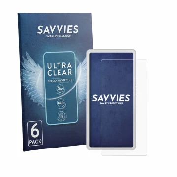 Vorderseite einer Produktverpackung mit dem Markenlogo Savvies. Daneben ist das Gerät PocketBook Q mit dem zugehörigen Display
