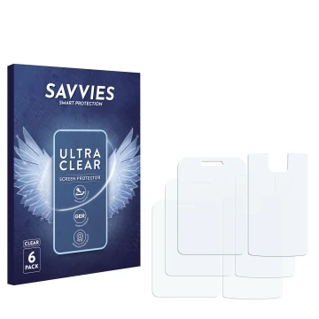 Vorderseite einer Produktverpackung mit dem Markenlogo Savvies. Daneben ist der zugehörige Displayschutz.