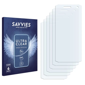 Vorderseite einer Produktverpackung mit dem Markenlogo Savvies. Daneben ist der zugehörige Displayschutz.