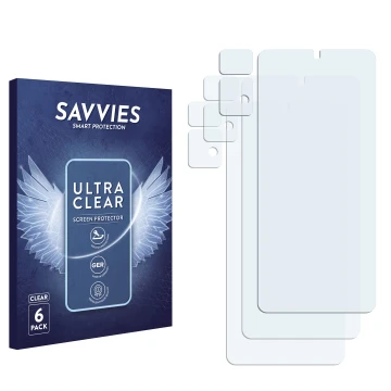 Vorderseite einer Produktverpackung mit dem Markenlogo Savvies. Daneben ist der zugehörige Displayschutz.