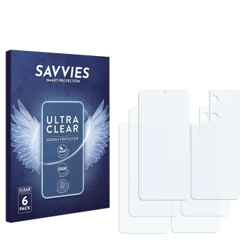 Vorderseite einer Produktverpackung mit dem Markenlogo Savvies. Daneben ist der zugehörige Displayschutz.