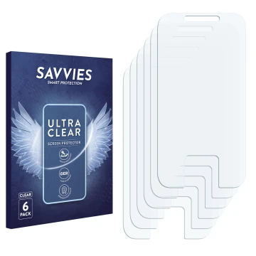 Vorderseite einer Produktverpackung mit dem Markenlogo Savvies. Daneben ist der zugehörige Displayschutz.