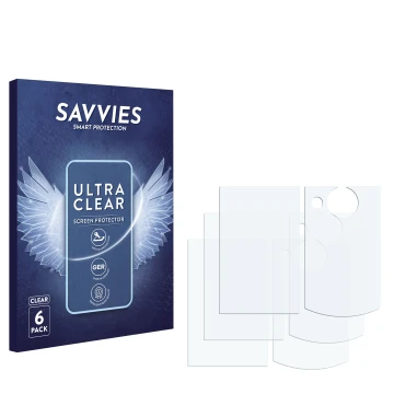 Vorderseite einer Produktverpackung mit dem Markenlogo Savvies. Daneben ist der zugehörige Displayschutz.
