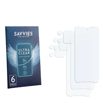 Vorderseite einer Produktverpackung mit dem Markenlogo Savvies. Daneben ist der zugehörige Displayschutz.