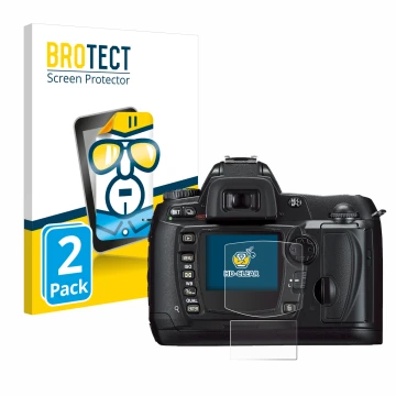 Vorderseite einer Produktverpackung mit dem Markenlogo BROTECT. Daneben ist das Gerät Nikon D70 mit dem zugehörigen Displaysch