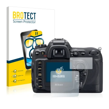 Vorderseite einer Produktverpackung mit dem Markenlogo BROTECT. Daneben ist das Gerät Nikon D200 mit dem zugehörigen Displaysc