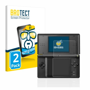Vorderseite einer Produktverpackung mit dem Markenlogo BROTECT. Daneben ist das Gerät Nintendo DS LITE mit dem zugehörigen Dis