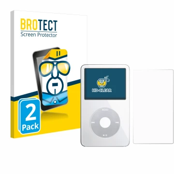 Vorderseite einer Produktverpackung mit dem Markenlogo BROTECT. Daneben ist das Gerät Apple iPod Classic Video (Display+Rückse