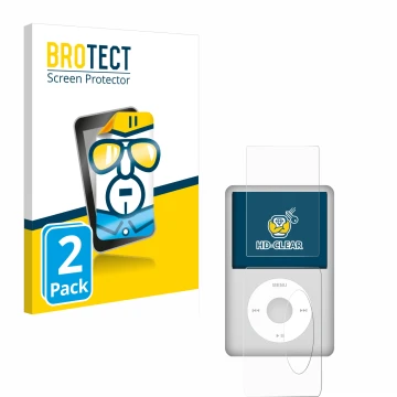 Vorderseite einer Produktverpackung mit dem Markenlogo BROTECT. Daneben ist das Gerät Apple iPod Classic (Display+Rückseite, 5
