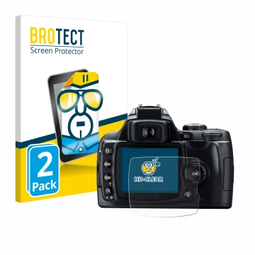 Vorderseite einer Produktverpackung mit dem Markenlogo BROTECT. Daneben ist das Gerät Nikon D40 mit dem zugehörigen Displaysch