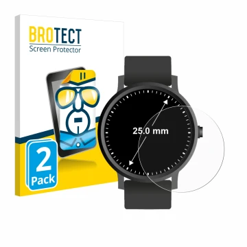 Vorderseite einer Produktverpackung mit dem Markenlogo BROTECT. Daneben ist das Gerät Armbanduhren (Kreisrund, ø: 25 mm) mit d