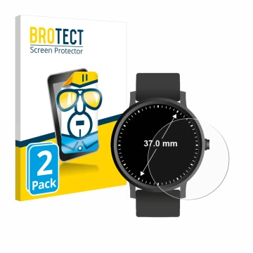 Vorderseite einer Produktverpackung mit dem Markenlogo BROTECT. Daneben ist das Gerät Armbanduhren (Kreisrund, ø: 37 mm) mit d