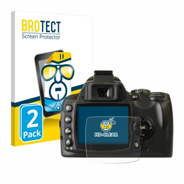 Vorderseite einer Produktverpackung mit dem Markenlogo BROTECT. Daneben ist das Gerät Nikon D40x mit dem zugehörigen Displaysc