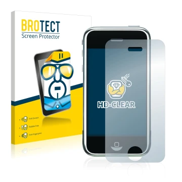 Vorderseite einer Produktverpackung mit dem Markenlogo BROTECT. Daneben ist das Gerät Apple iPhone 2G mit dem zugehörigen Disp