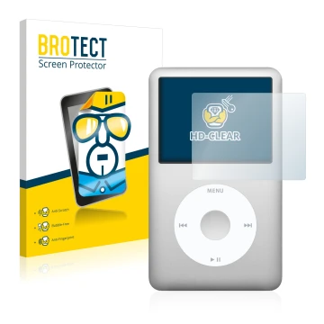 Vorderseite einer Produktverpackung mit dem Markenlogo BROTECT. Daneben ist das Gerät Apple iPod Classic (6. Gen.) mit dem zug