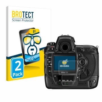Vorderseite einer Produktverpackung mit dem Markenlogo BROTECT. Daneben ist das Gerät Nikon D3 mit dem zugehörigen Displayschu