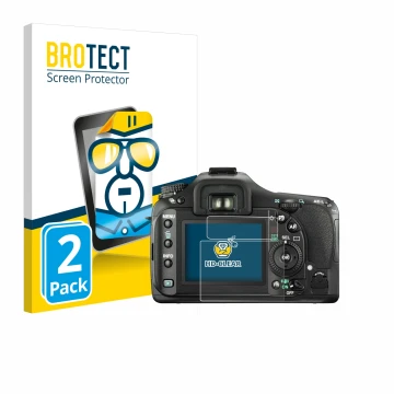 Vorderseite einer Produktverpackung mit dem Markenlogo BROTECT. Daneben ist das Gerät Pentax K20D mit dem zugehörigen Displays