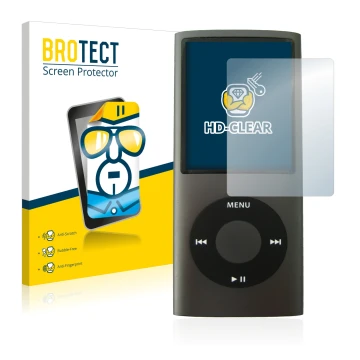 Vorderseite einer Produktverpackung mit dem Markenlogo BROTECT. Daneben ist das Gerät Apple iPod nano (4. Gen.) mit dem zugehö