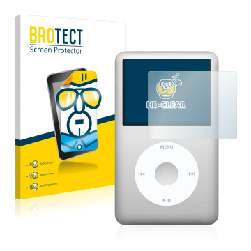 Vorderseite einer Produktverpackung mit dem Markenlogo BROTECT. Daneben ist das Gerät Apple iPod classic 120 GB (7. Gen.) mit 