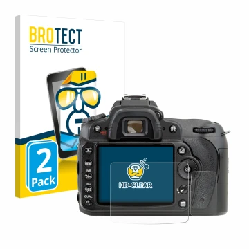 Vorderseite einer Produktverpackung mit dem Markenlogo BROTECT. Daneben ist das Gerät Nikon D90 mit dem zugehörigen Displaysch
