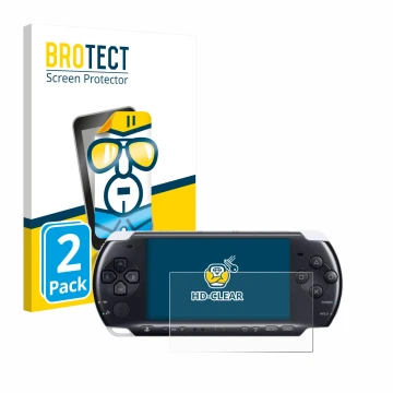 Vorderseite einer Produktverpackung mit dem Markenlogo BROTECT. Daneben ist das Gerät Sony PSP 3000 mit dem zugehörigen Displa