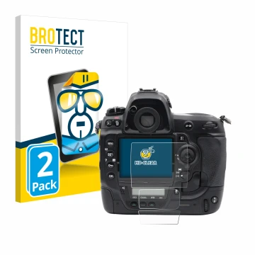 Vorderseite einer Produktverpackung mit dem Markenlogo BROTECT. Daneben ist das Gerät Nikon D3x mit dem zugehörigen Displaysch