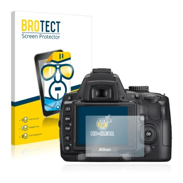 Vorderseite einer Produktverpackung mit dem Markenlogo BROTECT. Daneben ist das Gerät Nikon D5000 mit dem zugehörigen Displays