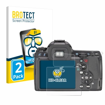 Vorderseite einer Produktverpackung mit dem Markenlogo BROTECT. Daneben ist das Gerät Pentax K7, K-7 mit dem zugehörigen Displ
