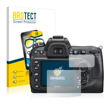 Vorderseite einer Produktverpackung mit dem Markenlogo BROTECT. Daneben ist das Gerät Nikon D300S mit dem zugehörigen Displays