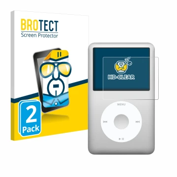 Vorderseite einer Produktverpackung mit dem Markenlogo BROTECT. Daneben ist das Gerät Apple iPod classic 160 GB (7. Gen.) mit 