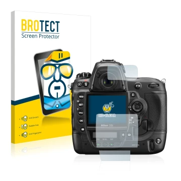 Vorderseite einer Produktverpackung mit dem Markenlogo BROTECT. Daneben ist das Gerät Nikon D3S mit dem zugehörigen Displaysch