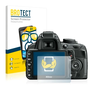 Vorderseite einer Produktverpackung mit dem Markenlogo BROTECT. Daneben ist das Gerät Nikon D3100 mit dem zugehörigen Displays