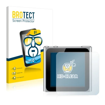 Vorderseite einer Produktverpackung mit dem Markenlogo BROTECT. Daneben ist das Gerät Apple iPod nano 2010 (6. Gen.) mit dem z