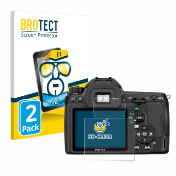 Vorderseite einer Produktverpackung mit dem Markenlogo BROTECT. Daneben ist das Gerät Pentax K5, K-5 mit dem zugehörigen Displ