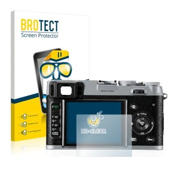 Vorderseite einer Produktverpackung mit dem Markenlogo BROTECT. Daneben ist das Gerät Fujifilm FinePix X100 mit dem zugehörige