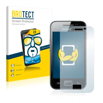 Vorderseite einer Produktverpackung mit dem Markenlogo BROTECT. Daneben ist das Gerät Samsung Galaxy Ace S5830 mit dem zugehör