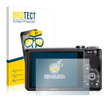 Vorderseite einer Produktverpackung mit dem Markenlogo BROTECT. Daneben ist das Gerät Sony Cyber-Shot DSC-HX9V mit dem zugehör