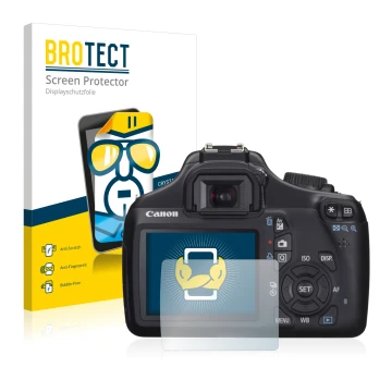 Vorderseite einer Produktverpackung mit dem Markenlogo BROTECT. Daneben ist das Gerät Canon EOS 1100D mit dem zugehörigen Disp