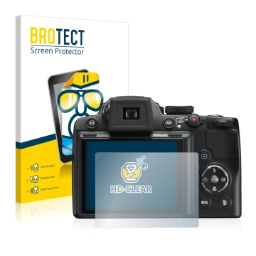 Vorderseite einer Produktverpackung mit dem Markenlogo BROTECT. Daneben ist das Gerät Nikon Coolpix P500 mit dem zugehörigen D