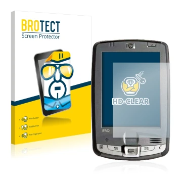 Vorderseite einer Produktverpackung mit dem Markenlogo BROTECT. Daneben ist das Gerät HP iPAQ hx2110 mit dem zugehörigen Displ