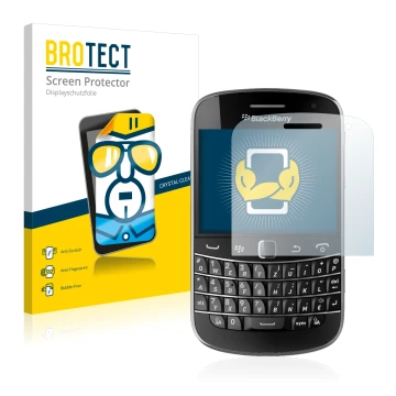 Vorderseite einer Produktverpackung mit dem Markenlogo BROTECT. Daneben ist das Gerät RIM BlackBerry Bold Touch 9900 mit dem z